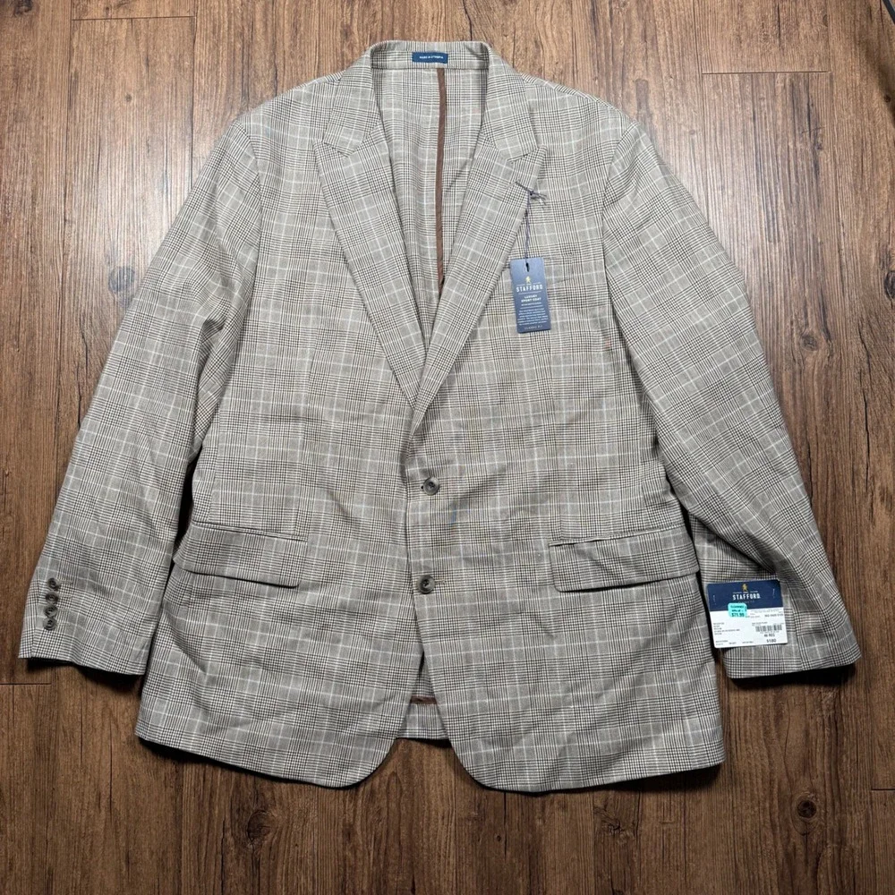 Stafford Luxury Sport Coat Men 46R Brown Glen Plaid Linen Blend Unstructured NWT